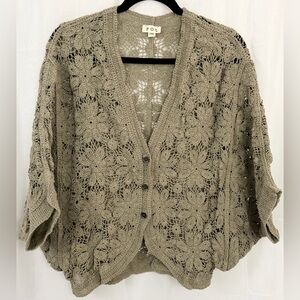 POL Olive Green Chenille Floral Crocheted Lace Button Up Cardigan/Shrug  O/S NWT